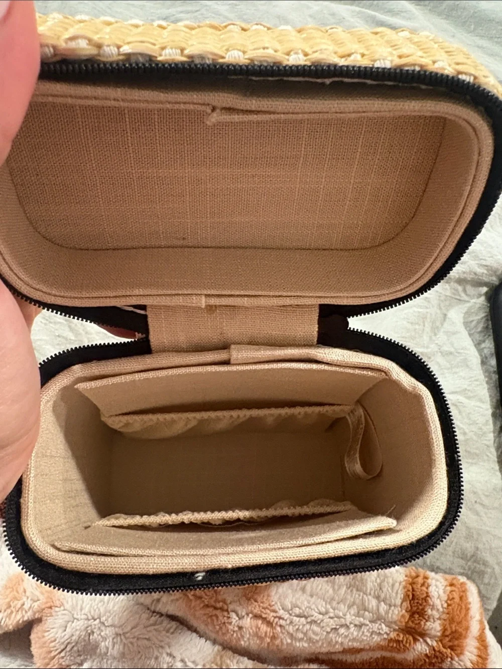 CHANEL Beauté Natural Straw and Black Trim Cosmetic Case with Gold Logo